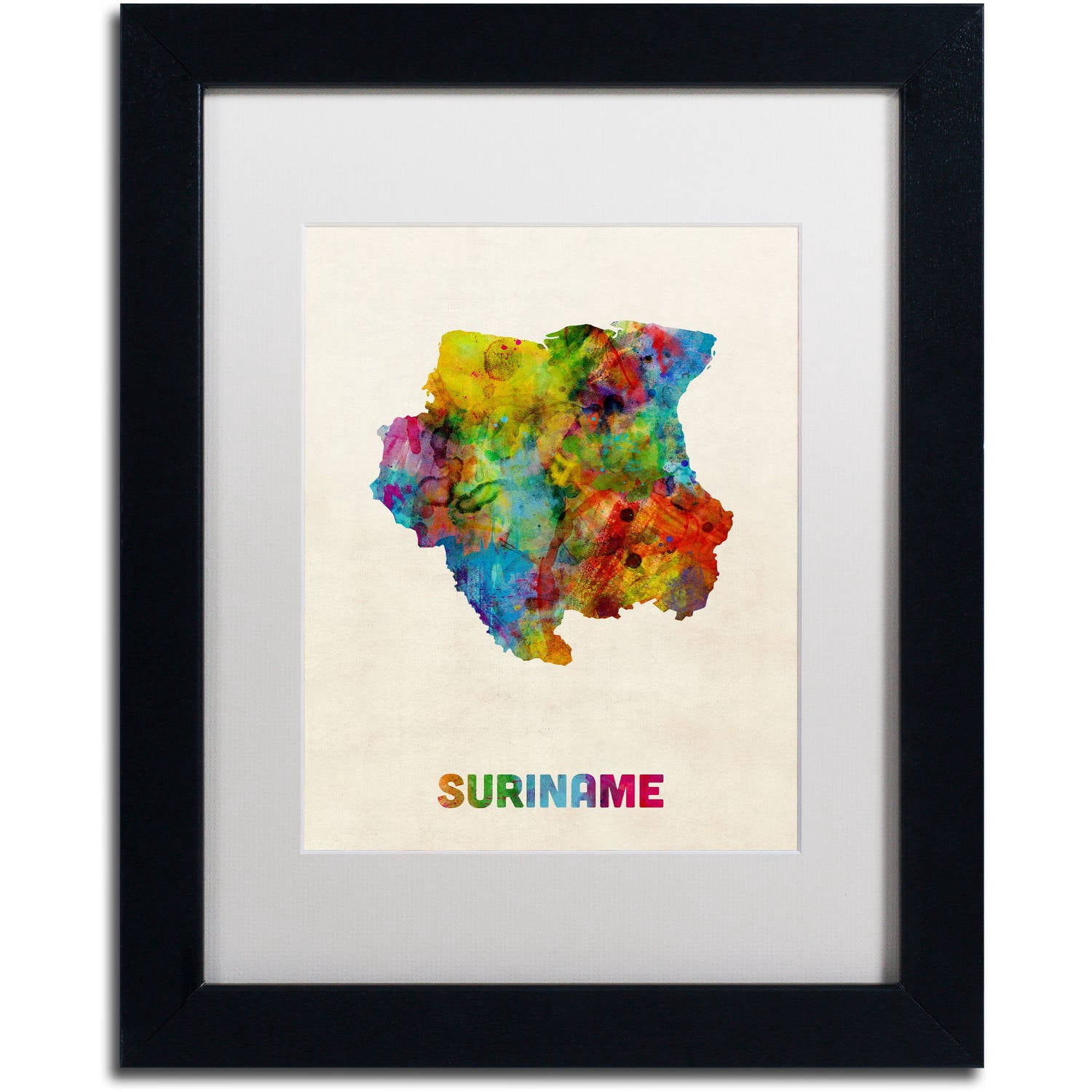 Trademark Fine Art "Suriname Watercolor Map" Canvas Art by Michael Tompsett White Matte, Black Frame