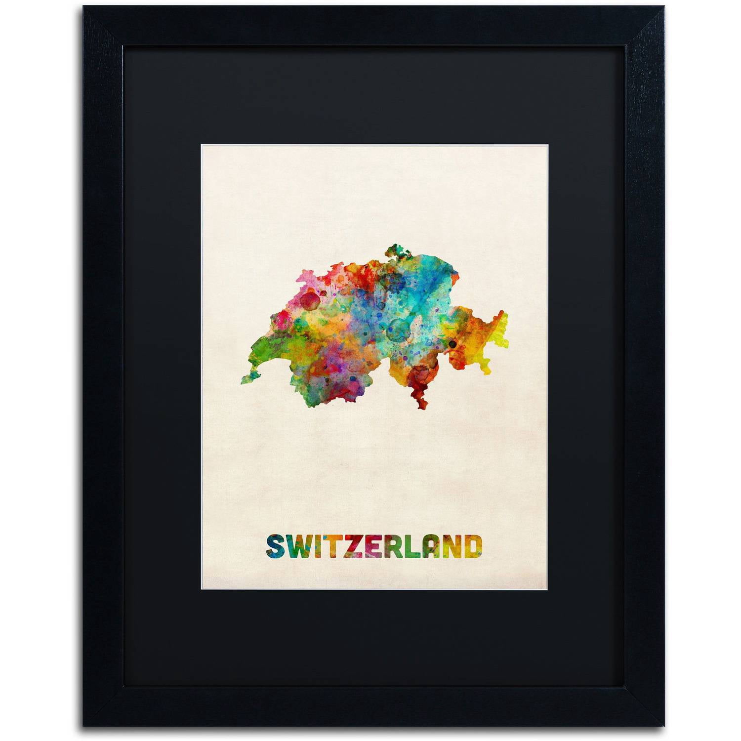 Trademark Fine Art 'Switzerland Watercolor Map' Canvas Art by Michael Tompsett, Black Matte, Black Frame