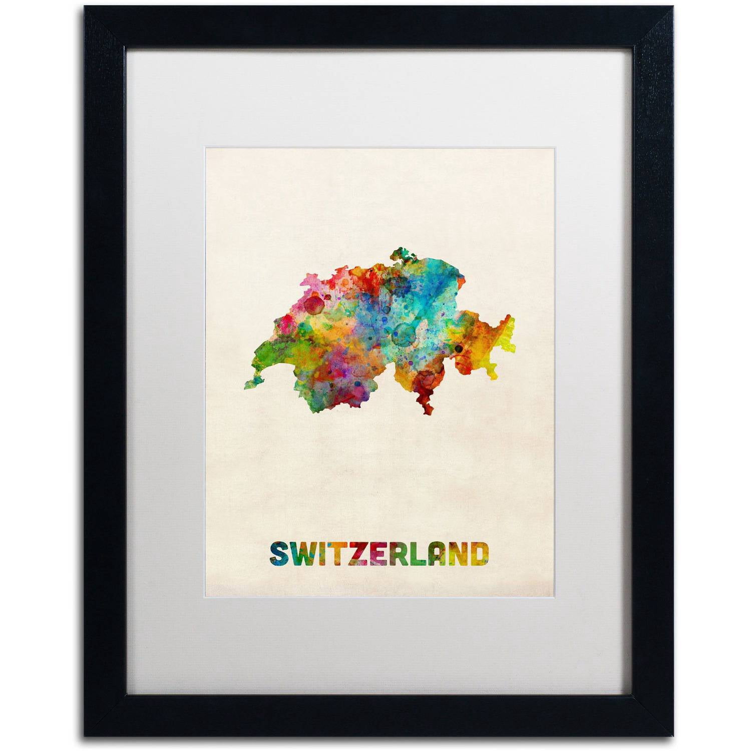 Trademark Fine Art 'Switzerland Watercolor Map' Canvas Art by Michael Tompsett, White Matte, Black Frame