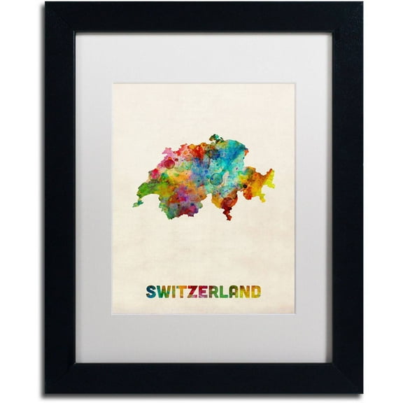 Trademark Fine Art 'Switzerland Watercolor Map' Canvas Art by Michael Tompsett, White Matte, Black Frame