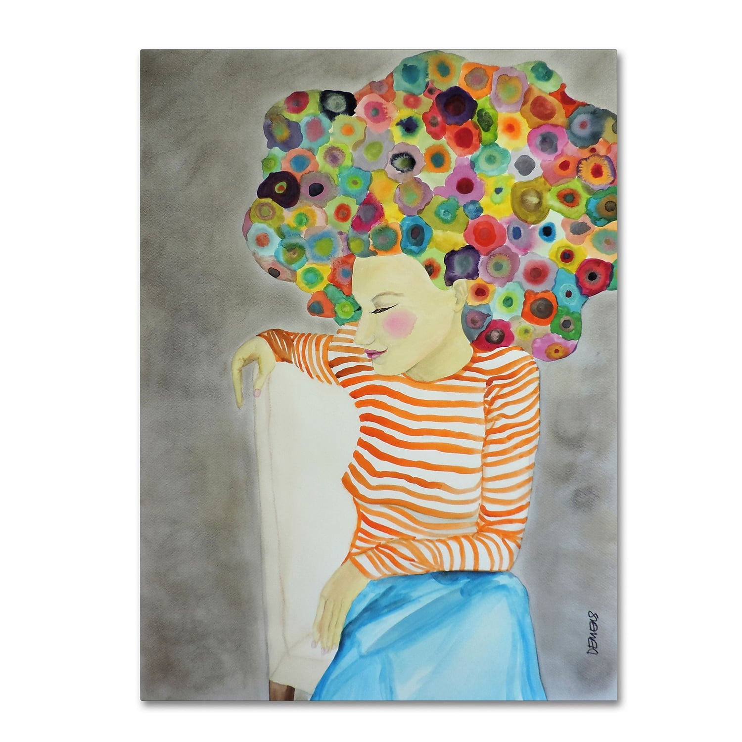 Colorful Abstract Woman with Striped Shirt and Blue Skirt Art Print