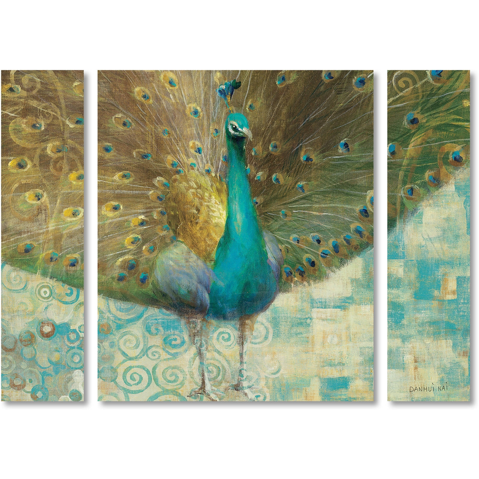 Trademark Fine Art "Teal Peacock on Gold" Canvas Art by Danhui Nai Three Panel Set
