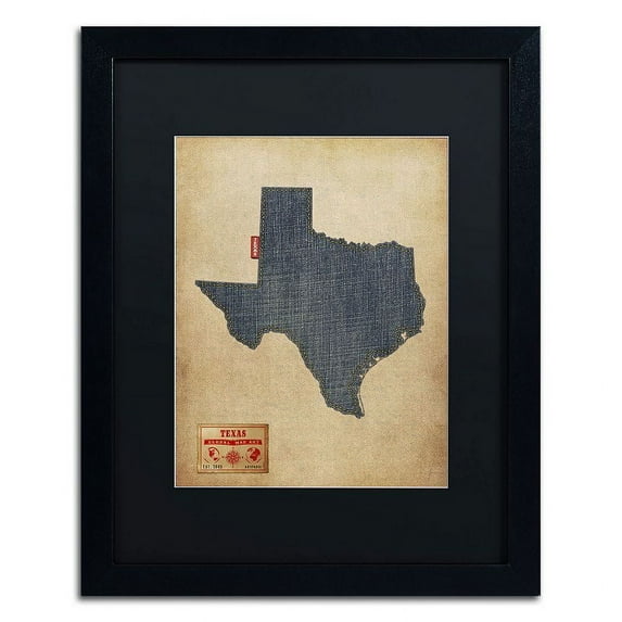Trademark Fine Art "Texas Map Denim Jeans Style" Canvas Art by Michael Tompsett, Black Matte, Black Frame