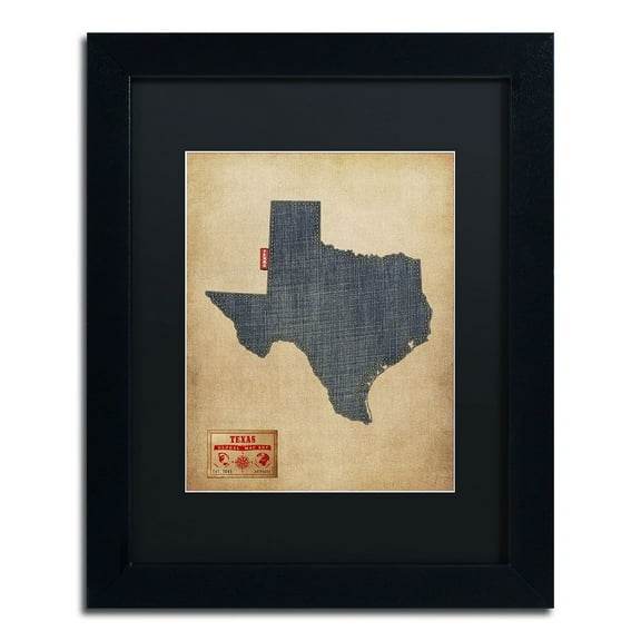 Trademark Fine Art "Texas Map Denim Jeans Style" Canvas Art by Michael Tompsett, Black Matte, Black Frame