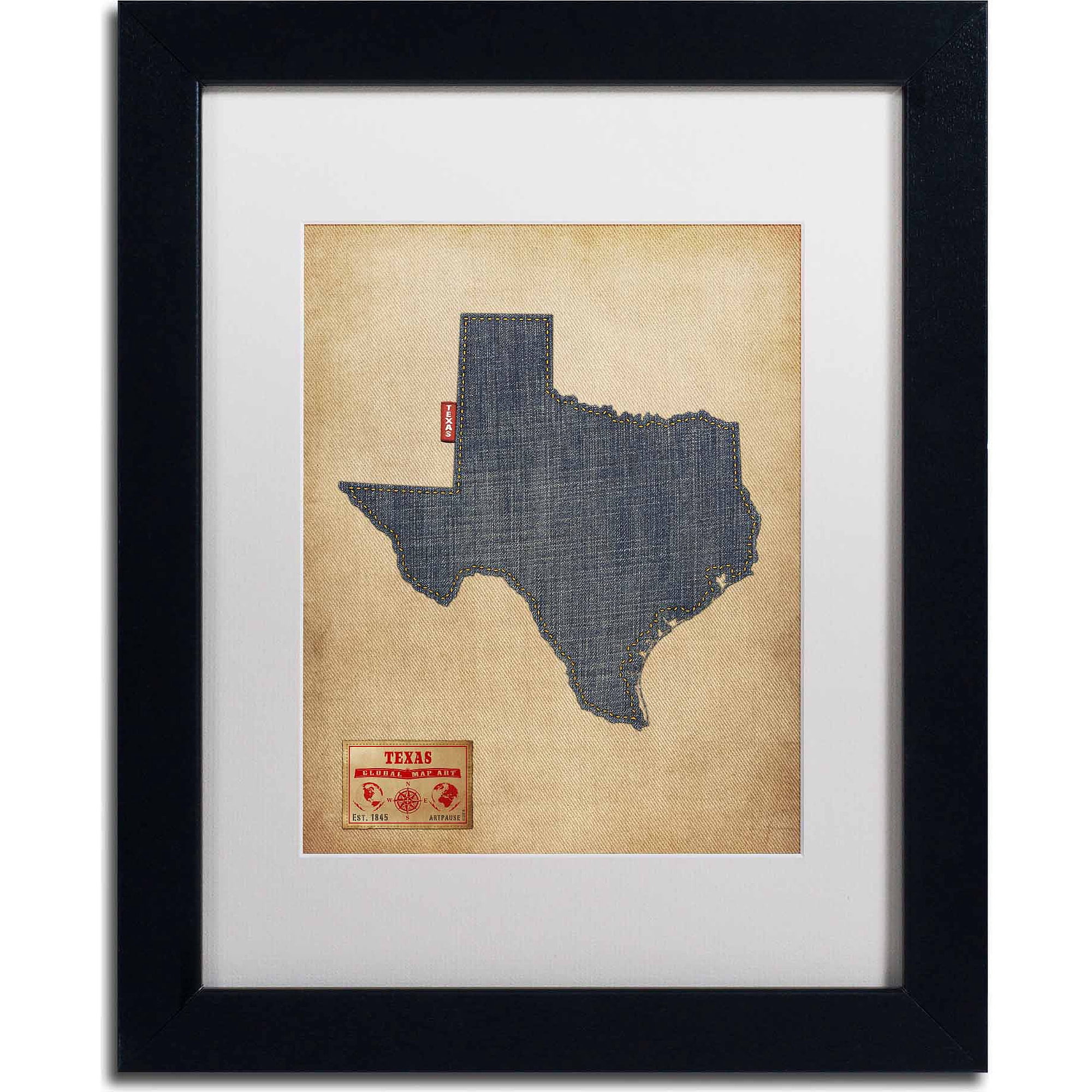 Trademark Fine Art "Texas Map Denim Jeans Style" Canvas Art by Michael Tompsett, White Matte, Black Frame