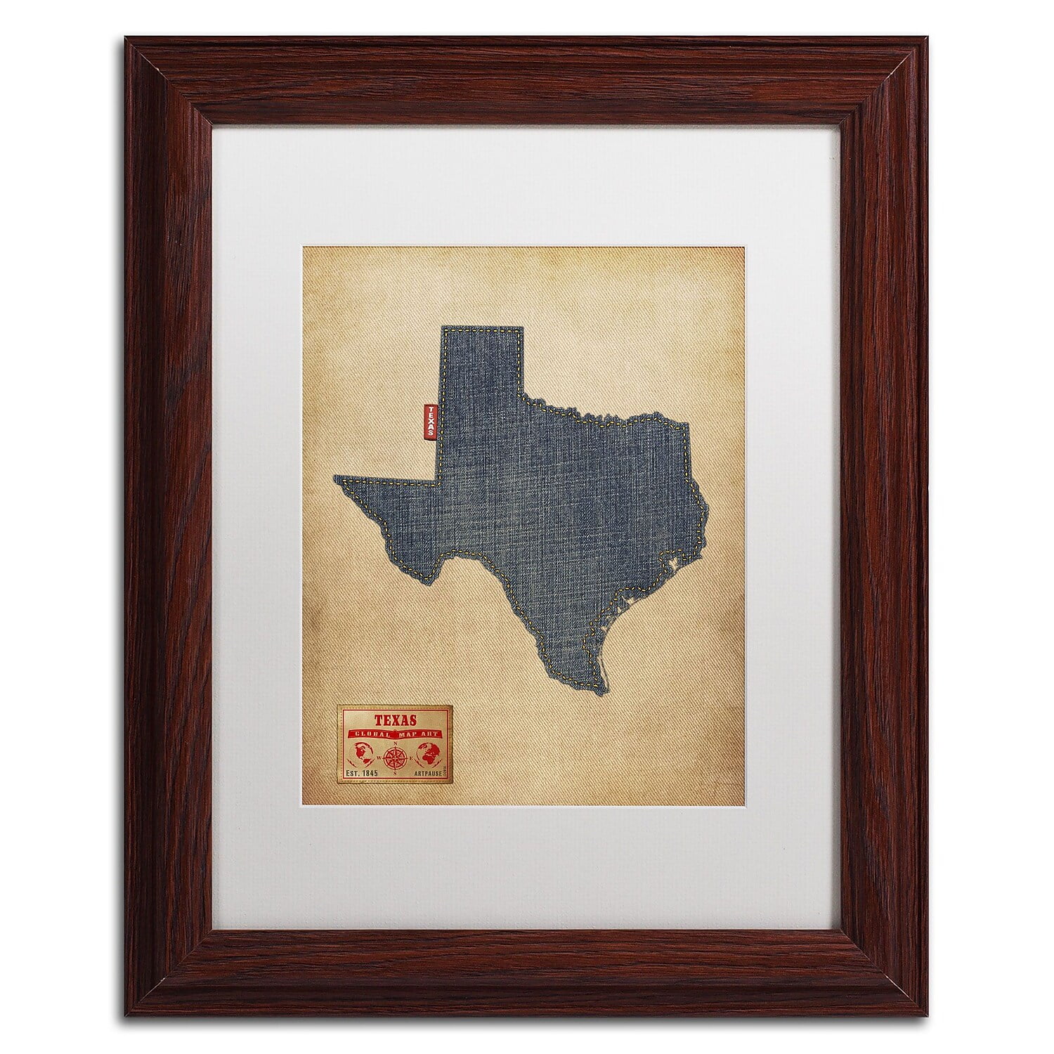 Trademark Fine Art "Texas Map Denim Jeans Style" Canvas Art by Michael Tompsett, White Matte, Wood Frame
