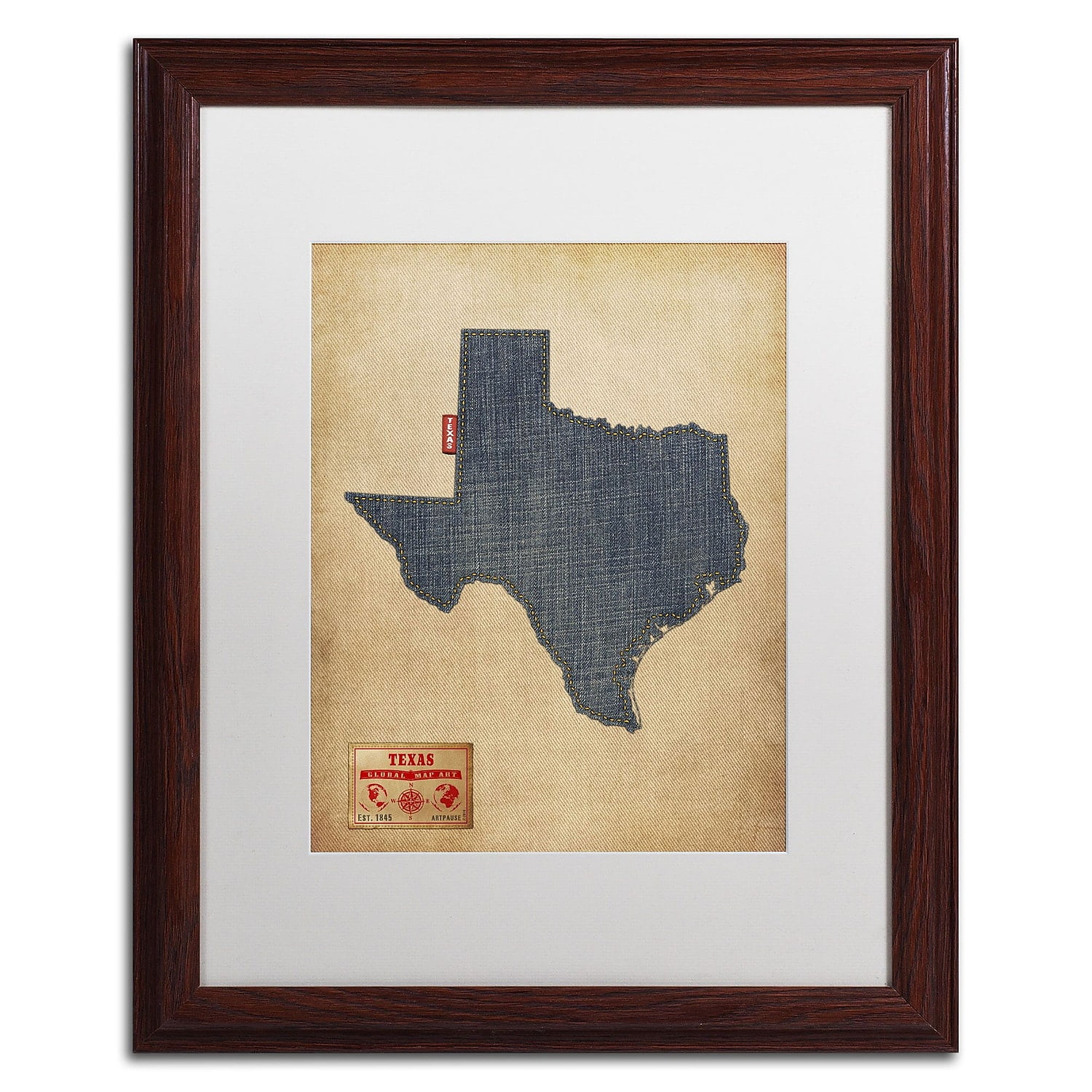 Trademark Fine Art "Texas Map Denim Jeans Style" Canvas Art by Michael Tompsett, White Matte, Wood Frame