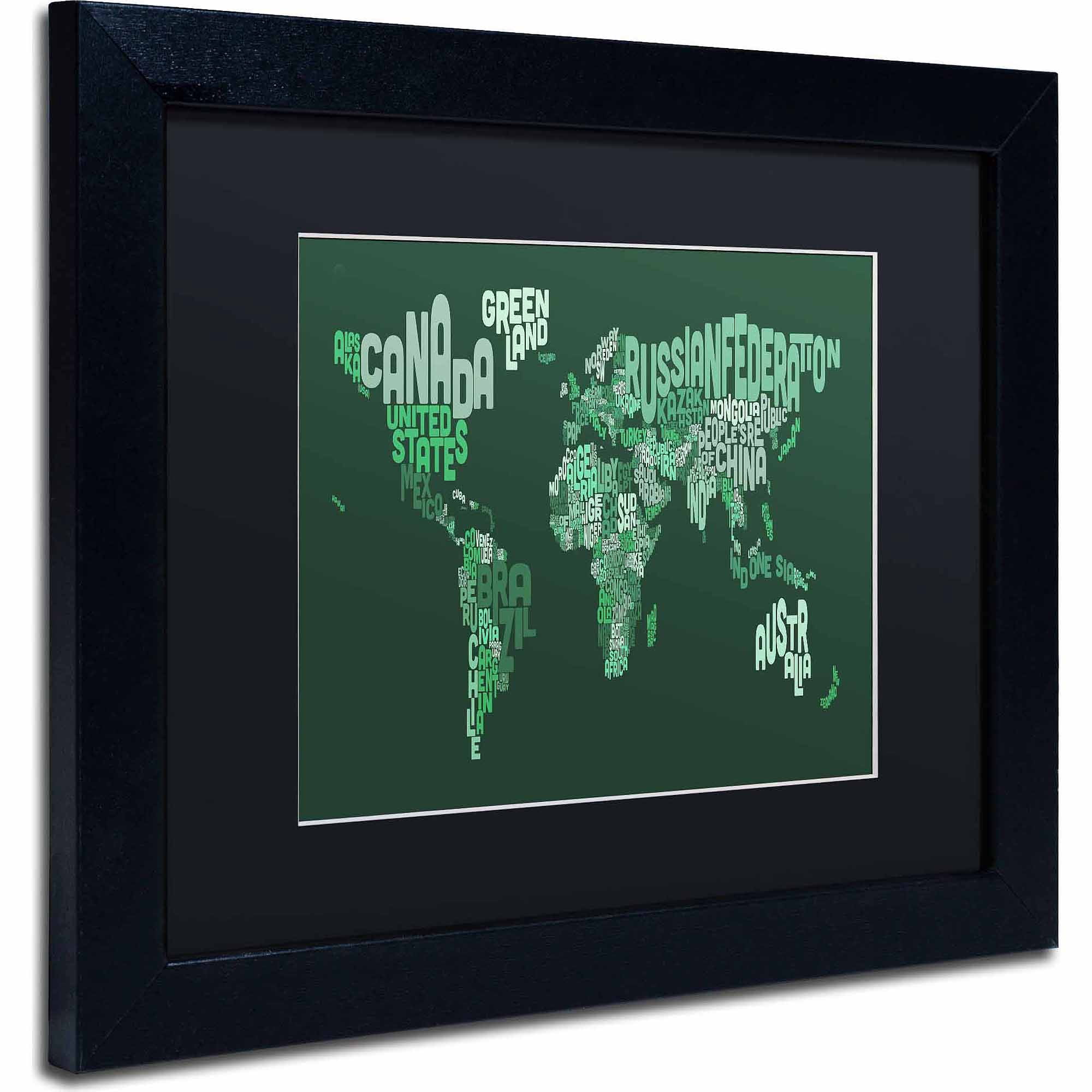 Trademark Fine Art "Text Map of the World" Canvas Art by Michael Tompsett, Black Matte, Black Frame
