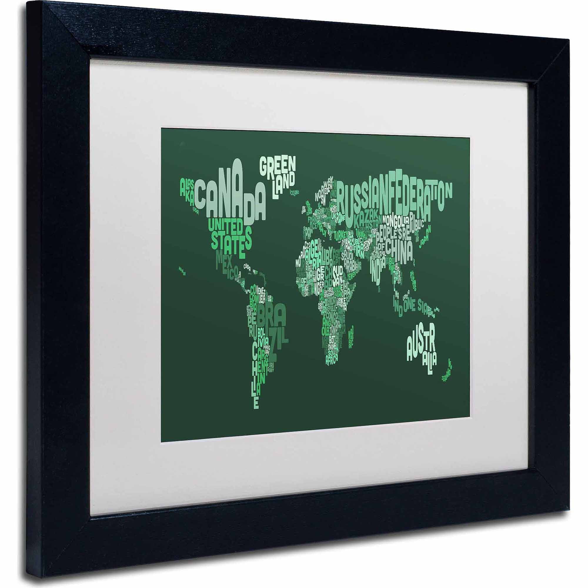Trademark Fine Art "Text Map of the World" Canvas Art by Michael Tompsett, White Matte, Black Frame