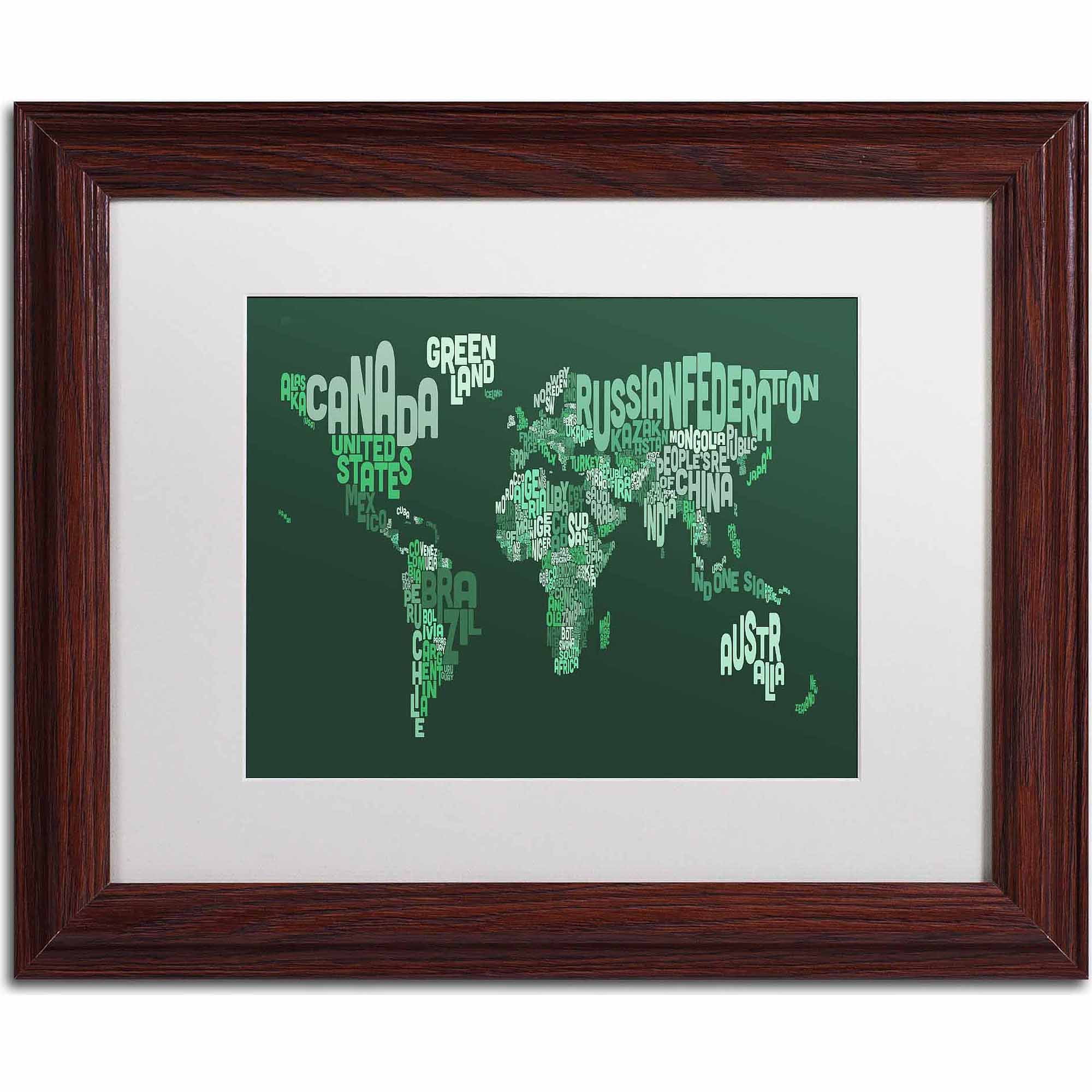 Trademark Fine Art "Text Map of the World" Canvas Art by Michael Tompsett, White Matte, Wood Frame