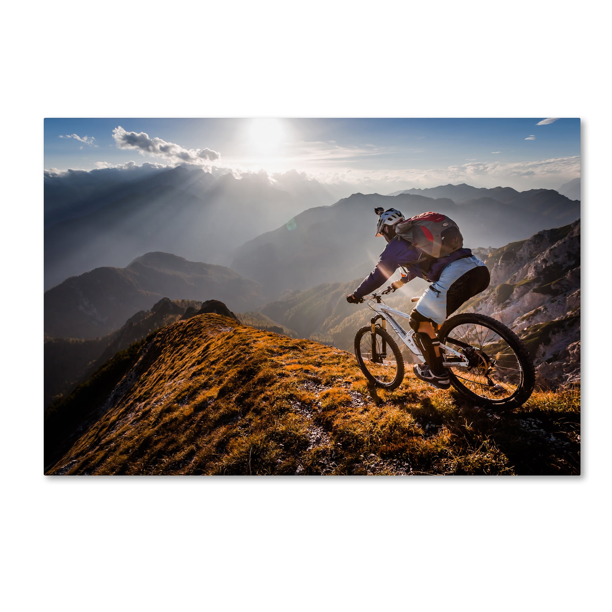 Sunlit Mountain Biker Landscape Framed Canvas Art