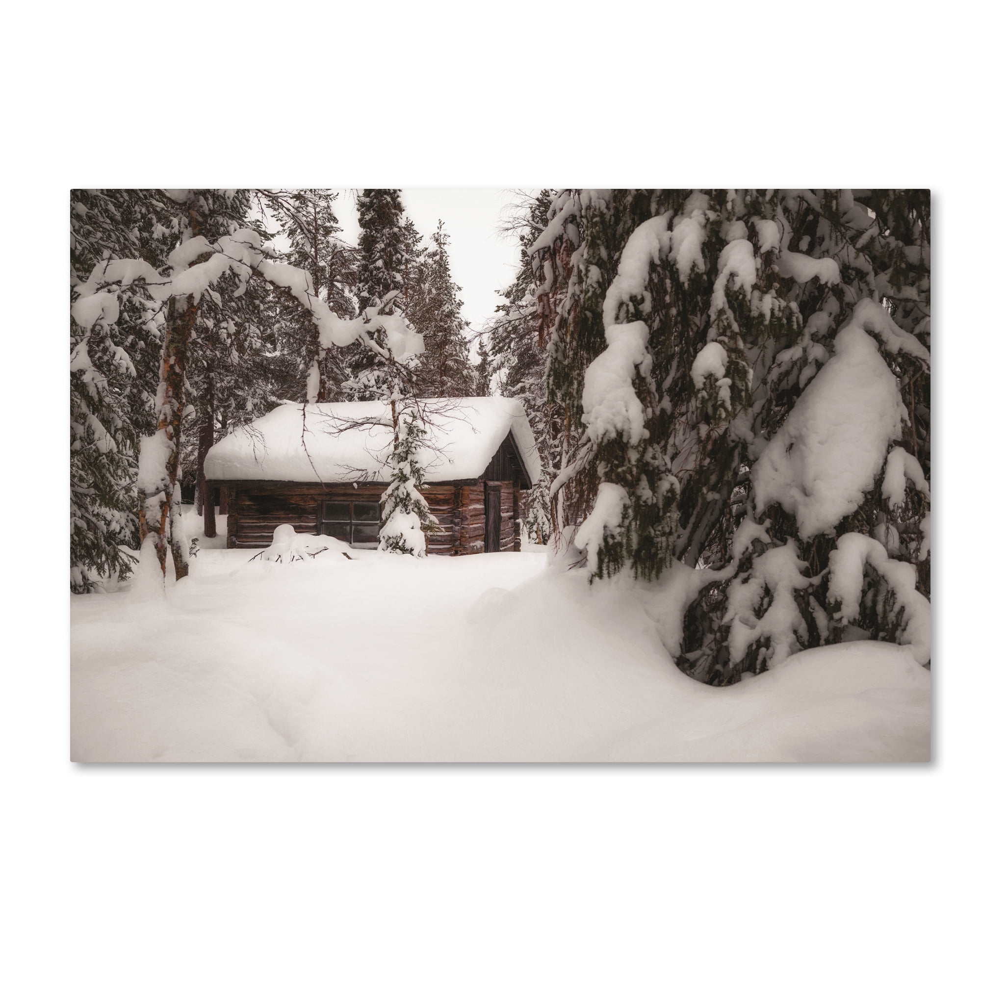 Snowy Cabin Landscape Canvas Art in Wooden Frame