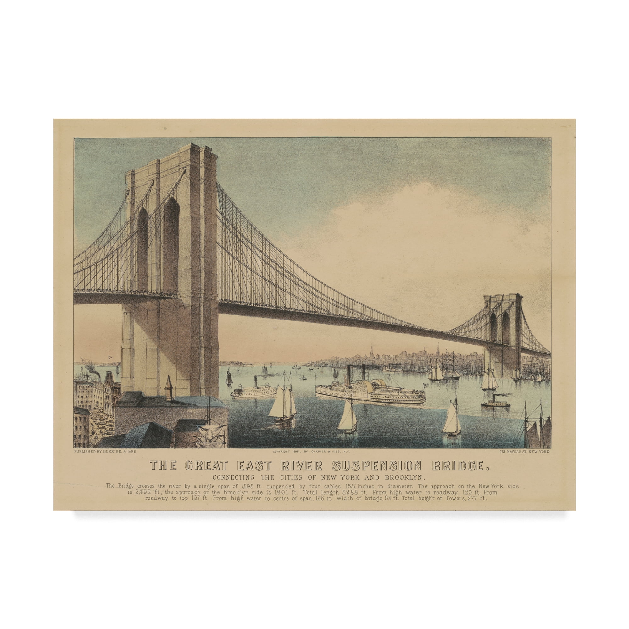 Trademark Fine Art 'The Great East River Suspension Bridge, 1881' Canvas Art by Currier and Ives