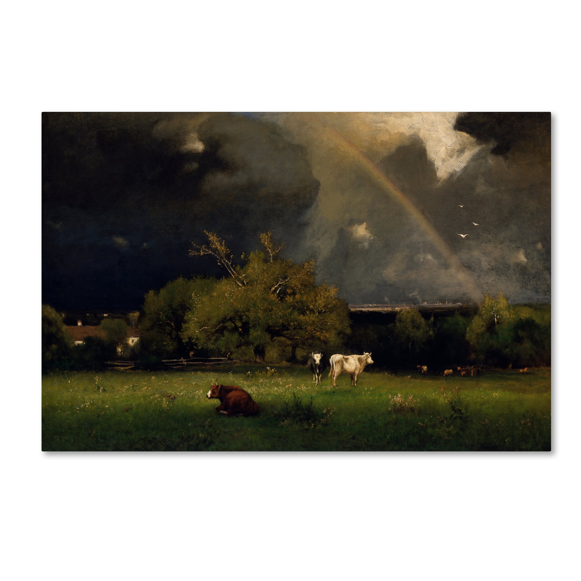 Traditional Scenic Landscape Canvas Art with Rainbow and Animals