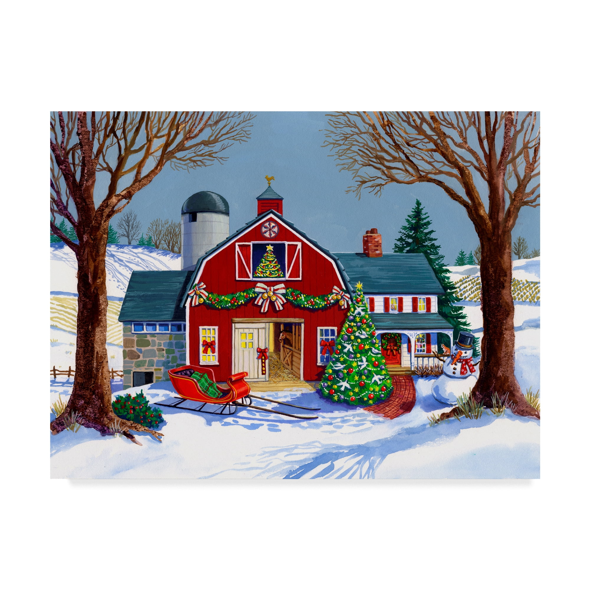 Large Red Barn Christmas Landscape Canvas Art