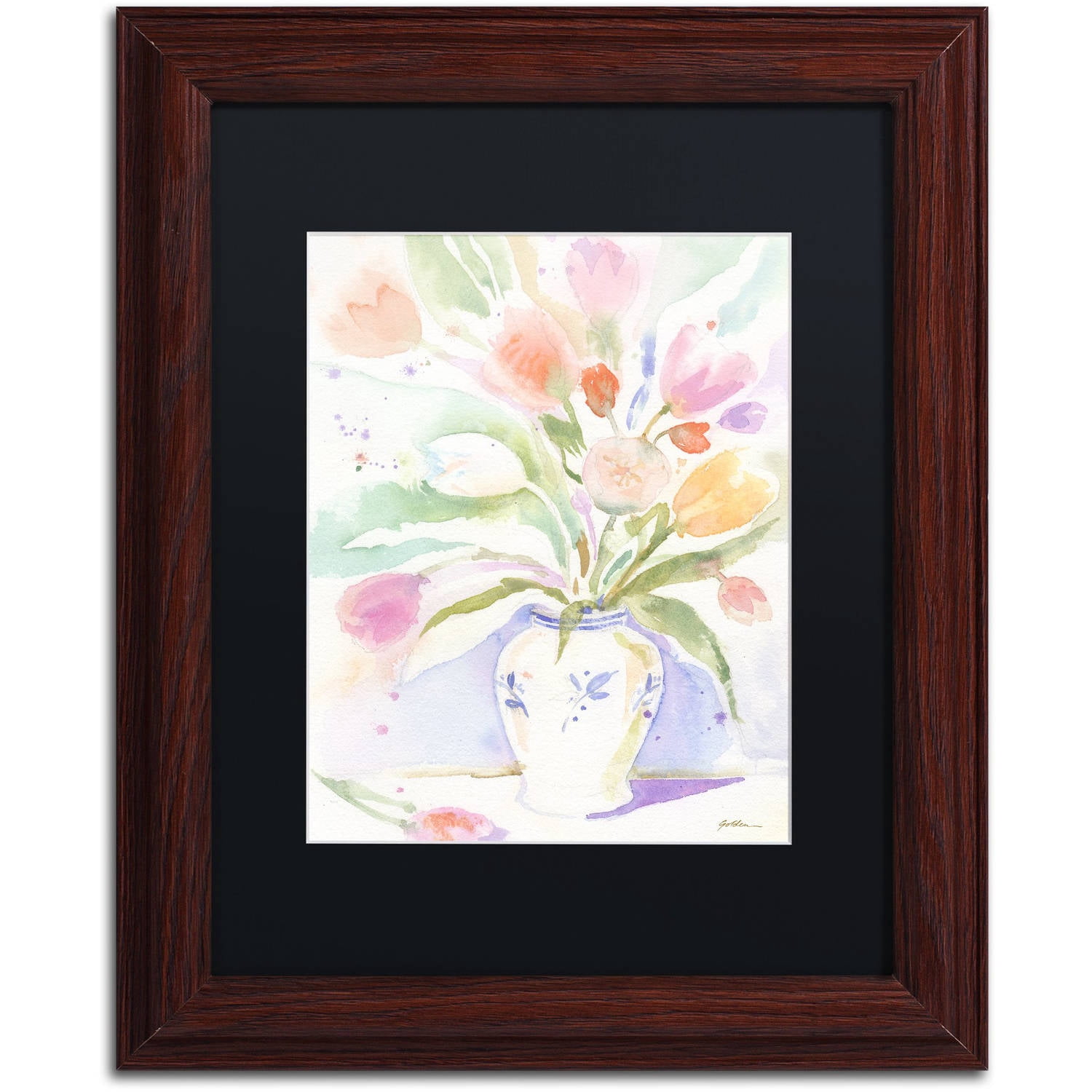 Trademark Fine Art "The Vase of Tulips" Canvas Art by Sheila Golden Black Matte, Wood Frame
