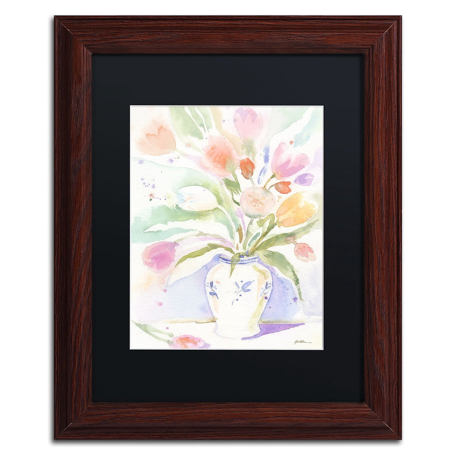 Trademark Fine Art "The Vase of Tulips" Canvas Art by Sheila Golden Black Matte, Wood Frame