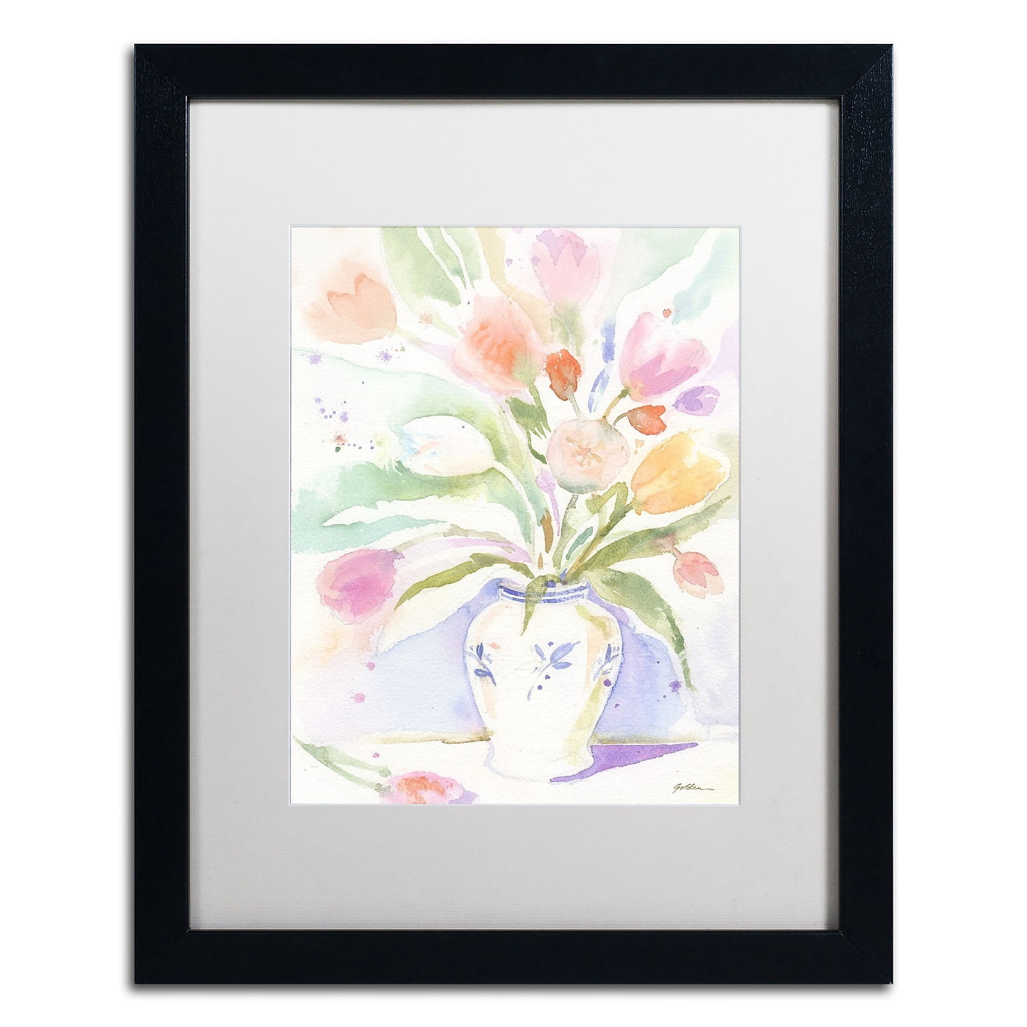 Trademark Fine Art "The Vase of Tulips" Canvas Art by Sheila Golden White Matte, Black Frame