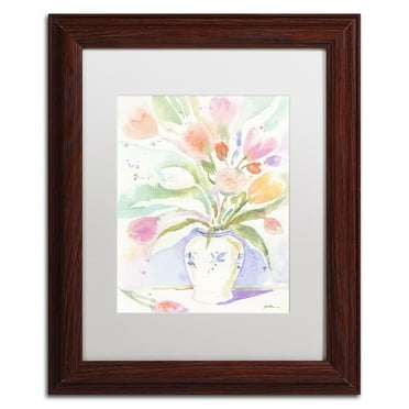 Trademark Fine Art "The Vase of Tulips" Canvas Art by Sheila Golden White Matte, Wood Frame