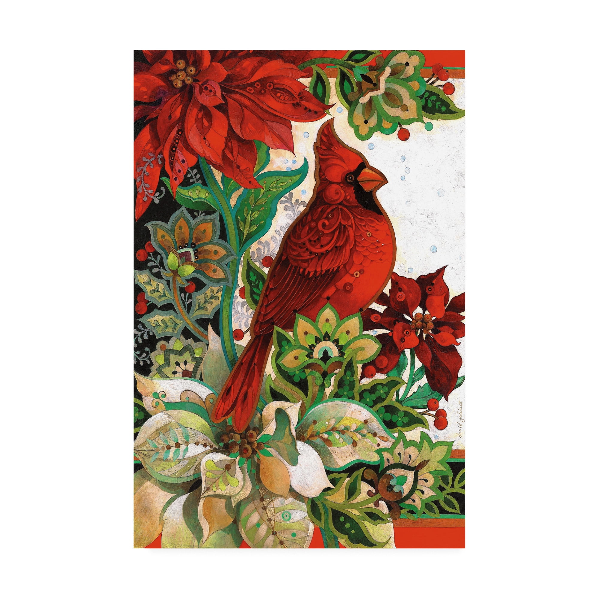 Bright Red Cardinal and Poinsettias Seasonal Canvas Art