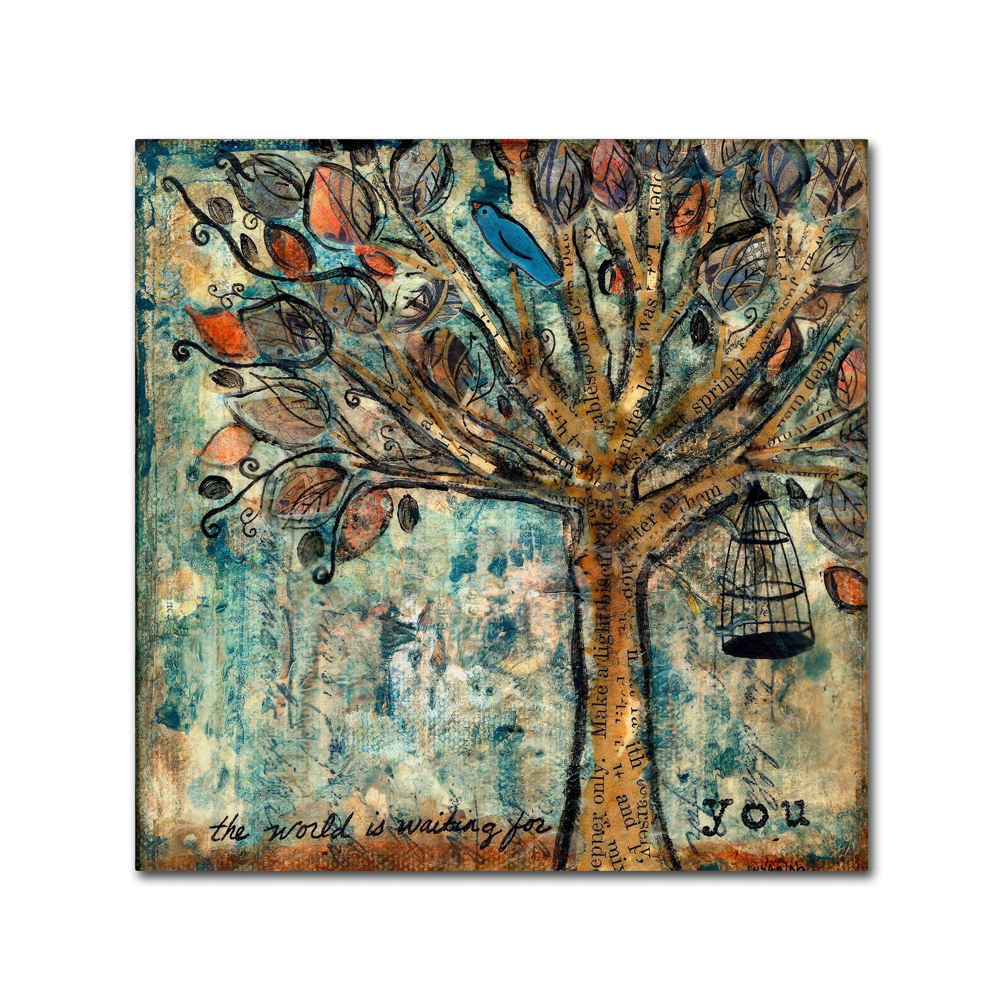 Eclectic Blue Bird and Tree Canvas Art, 14x14