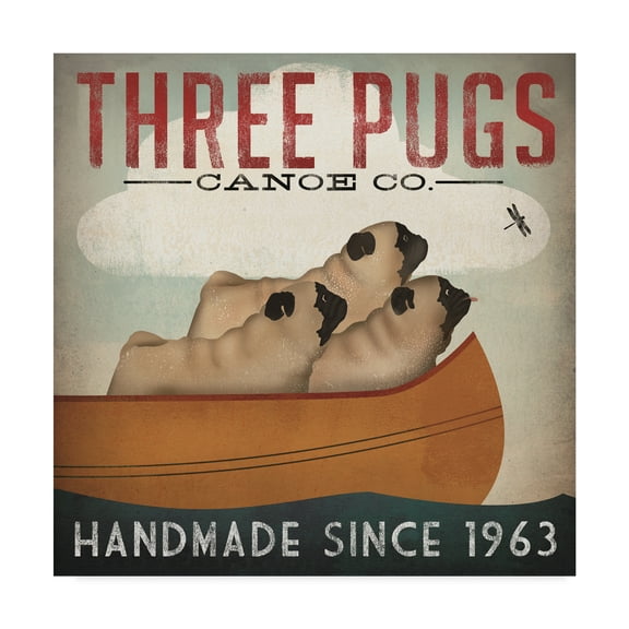Trademark Fine Art 'Three Pugs in a Canoe' Canvas Art by Ryan Fowler