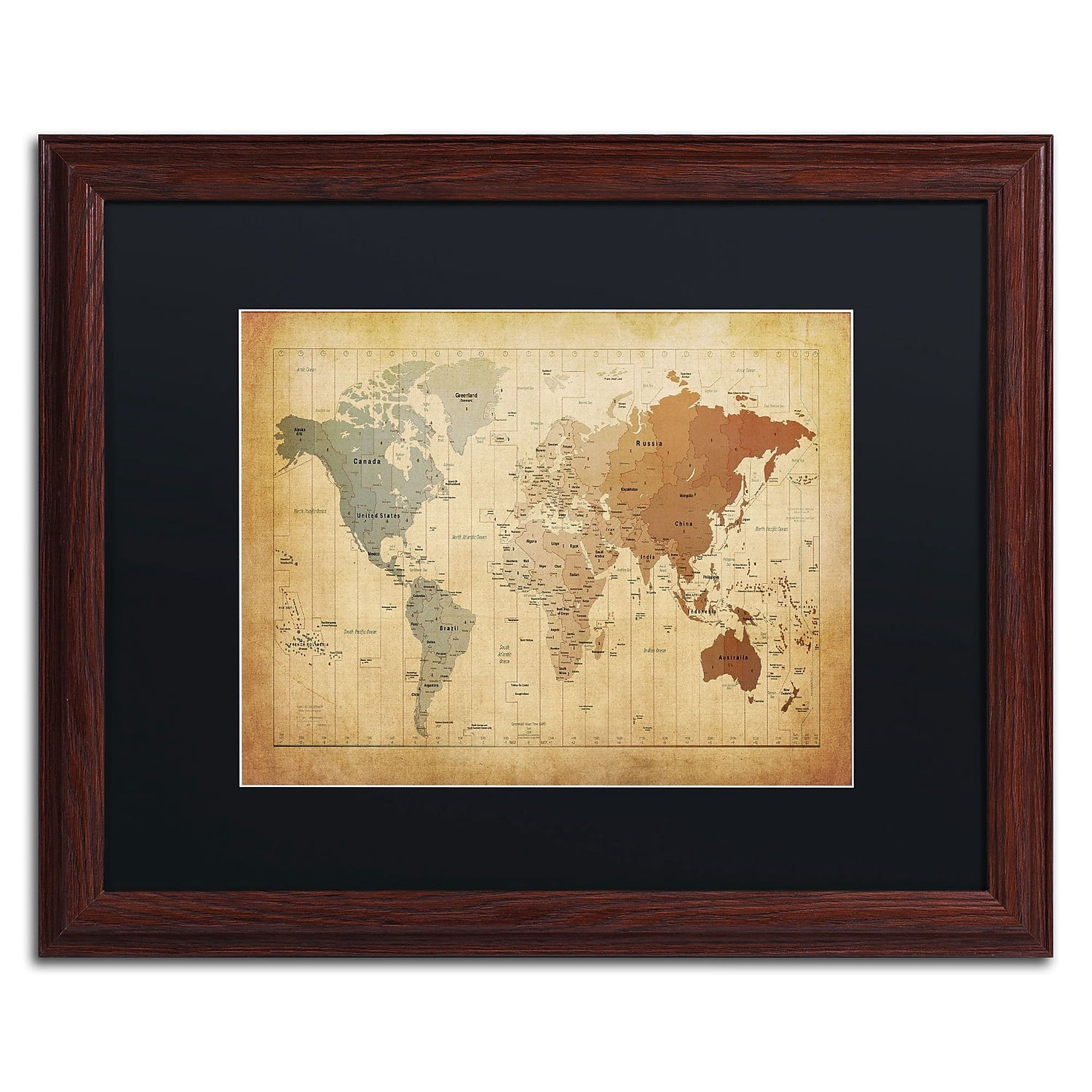 Trademark Fine Art "Time Zones Map of the World" Canvas Art by Michael Tompsett, Black Matte, Wood Frame