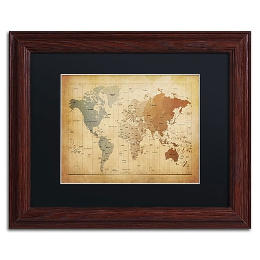 Trademark Fine Art "Time Zones Map of the World" Canvas Art by Michael Tompsett, Black Matte, Wood Frame