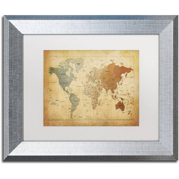 Trademark Fine Art "Time Zones Map of the World" Canvas Art by Michael Tompsett White Matte, Silver Frame