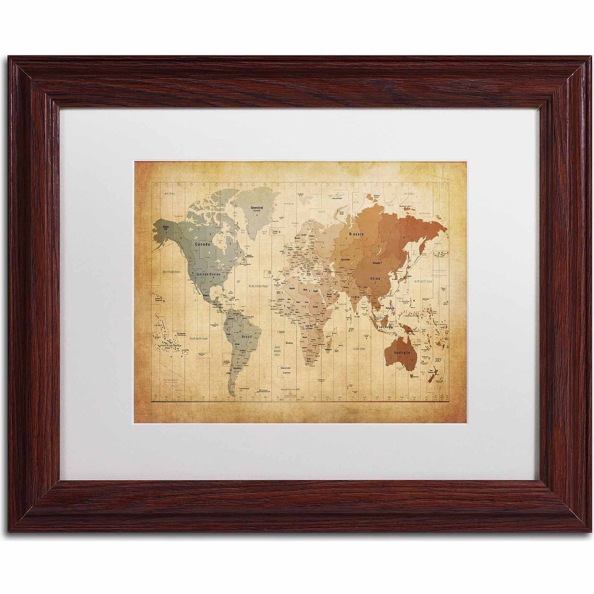 Trademark Fine Art "Time Zones Map of the World" Canvas Art by Michael Tompsett, White Matte, Wood Frame
