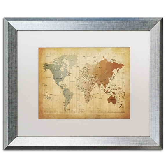 Trademark Fine Art ''Time Zones Map of the World'' by Michael Tompsett 16" x 20" White Matted Silver