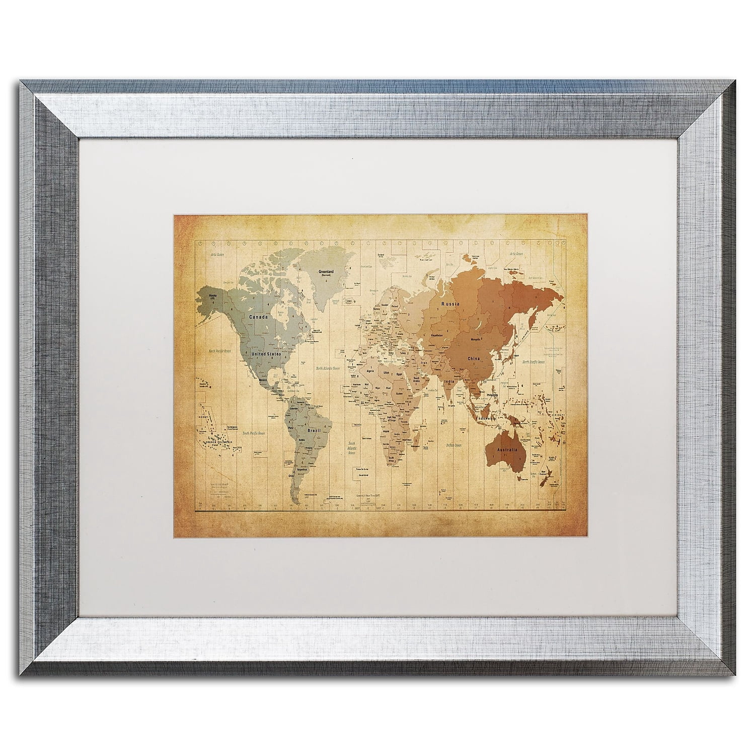 Trademark Fine Art ''Time Zones Map of the World'' by Michael Tompsett 16" x 20" White Matted Silver