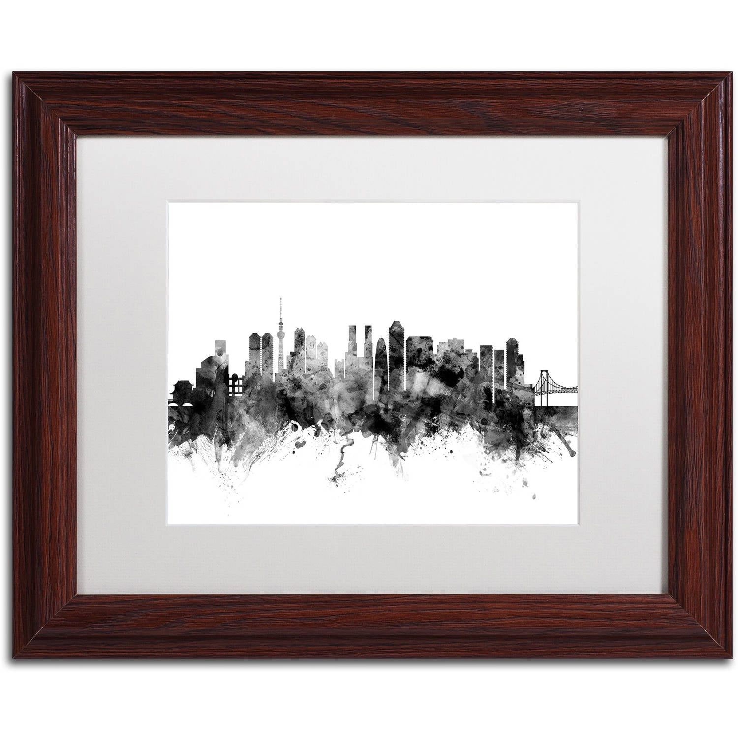 Trademark Fine Art "Tokyo Japan Skyline B&W" Canvas Art by Michael Tompsett, White Matte, Wood Frame