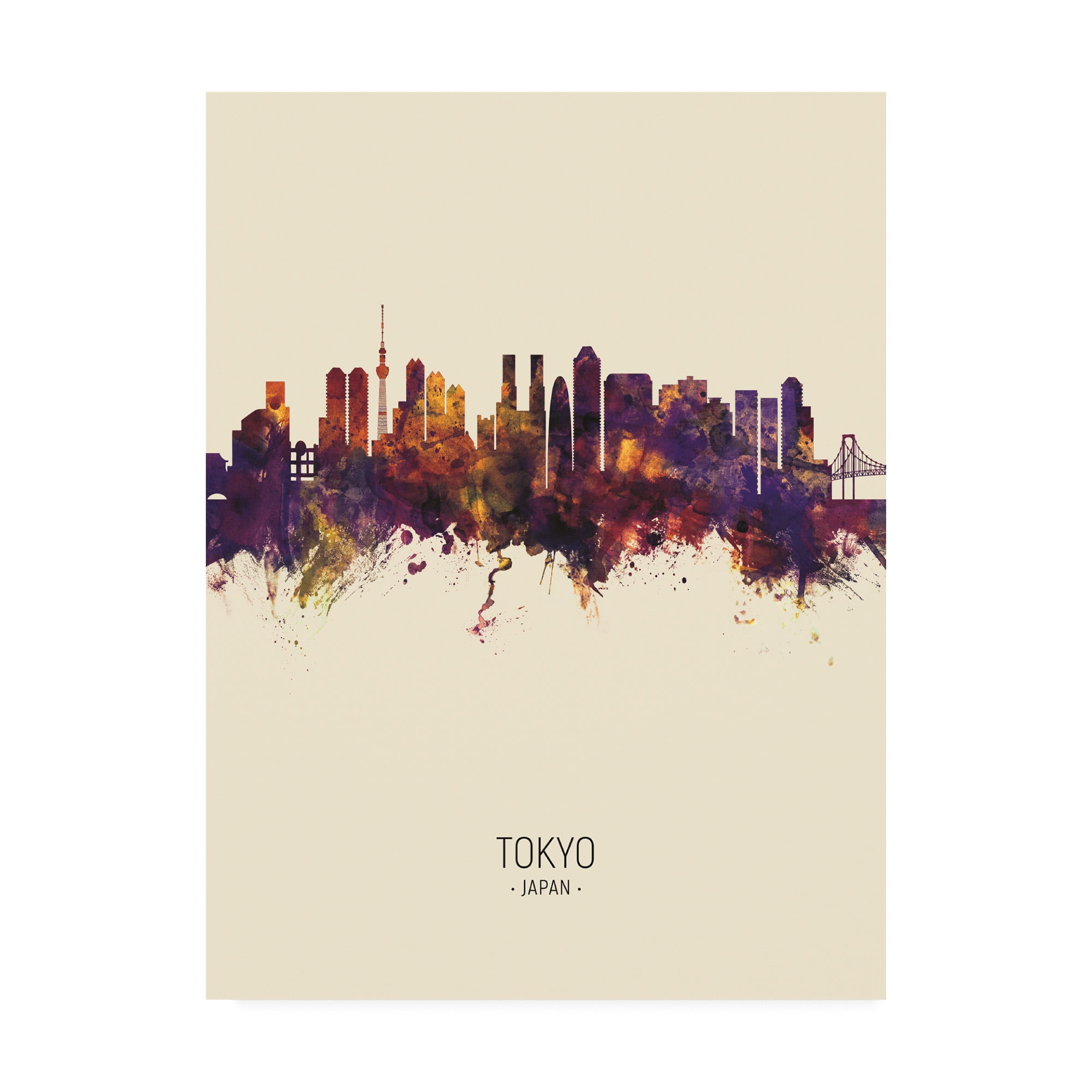 Tokyo Japan Skyline Watercolor Print on Canvas, 18x24, Framed
