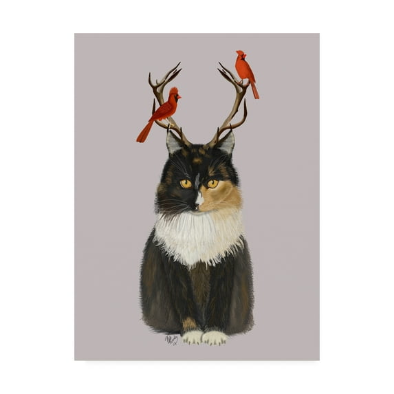 Trademark Fine Art 'Tortoiseshell Cat, Antlers And Red Birds' Canvas Art by Fab Funky