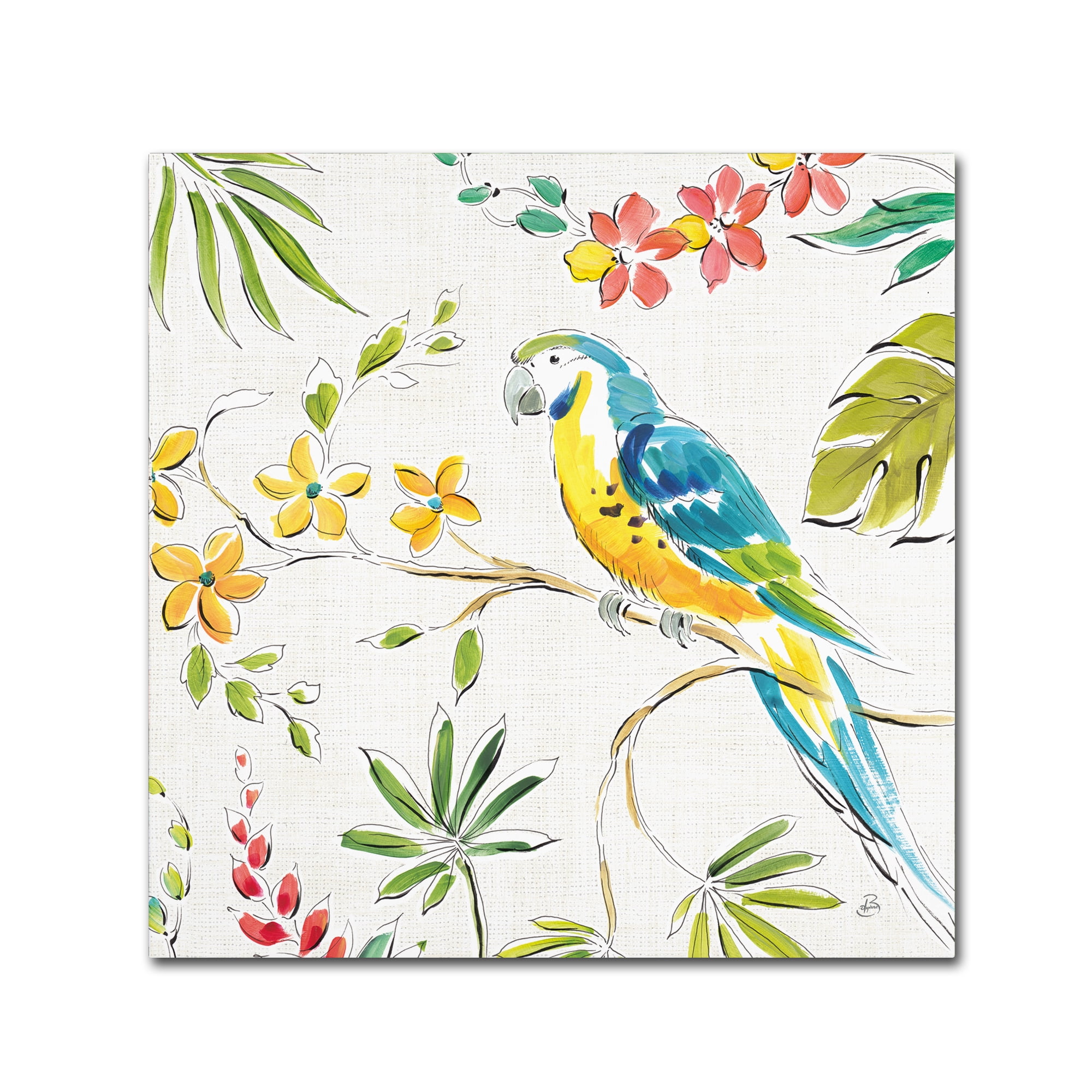 Tropical Oasis Parrot Canvas Art with Colorful Flowers