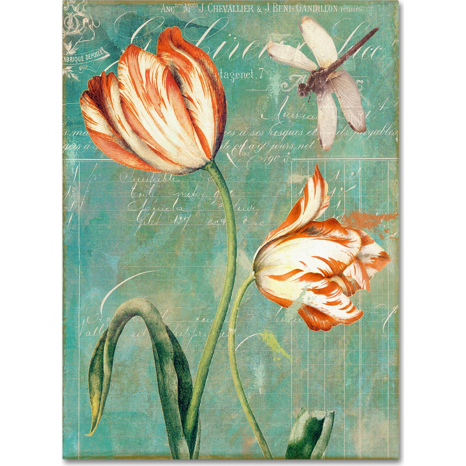 Teal Canvas Art with Red and White Tulips, 14 x 19 Inches