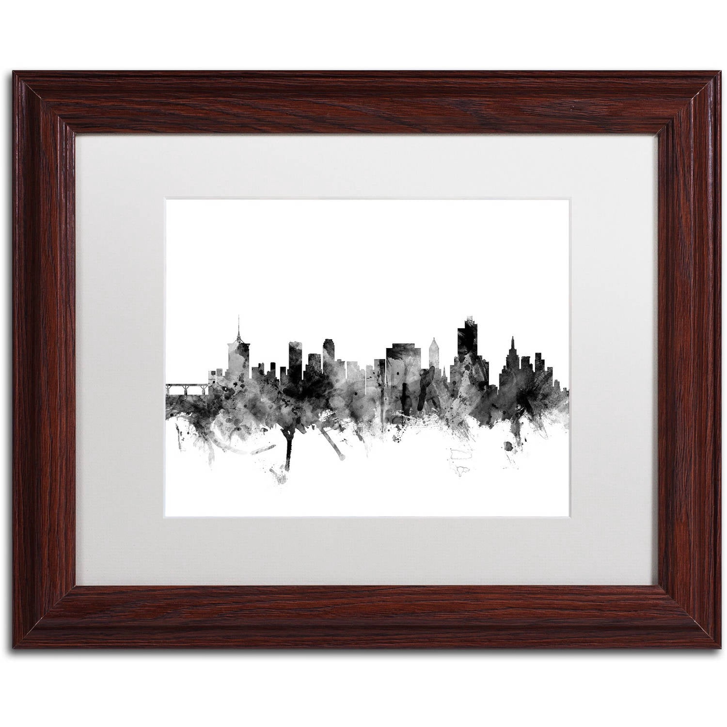 Trademark Fine Art "Tulsa Oklahoma Skyline B&W" Canvas Art by Michael Tompsett, White Matte, Wood Frame