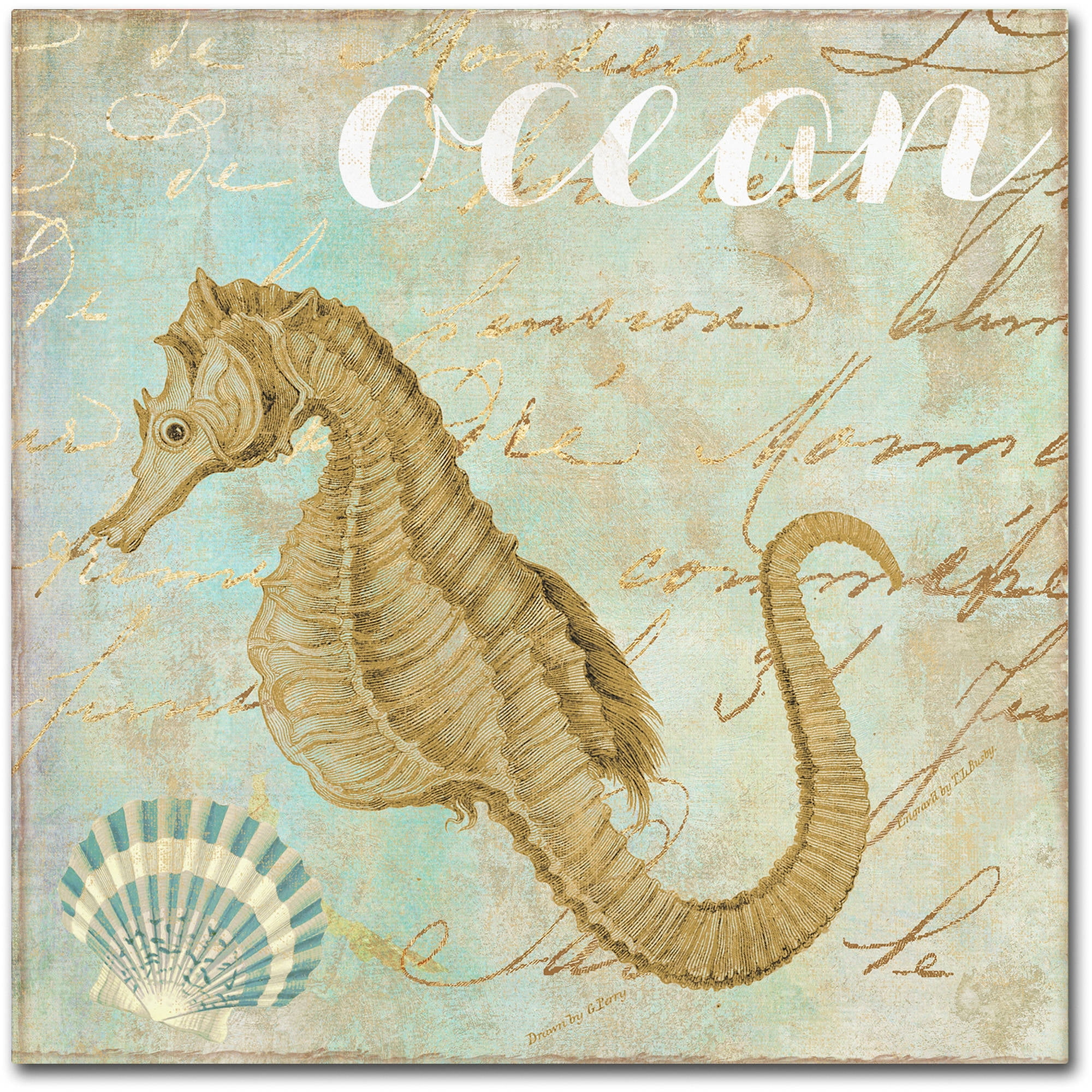 Turquoise Beach III Coastal Canvas Art with Gold Accents