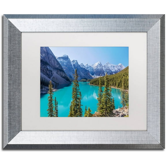 Trademark Fine Art 'Turquoise Moraine Lake' Canvas Art by Pierre Leclerc, White Matte, Silver Frame