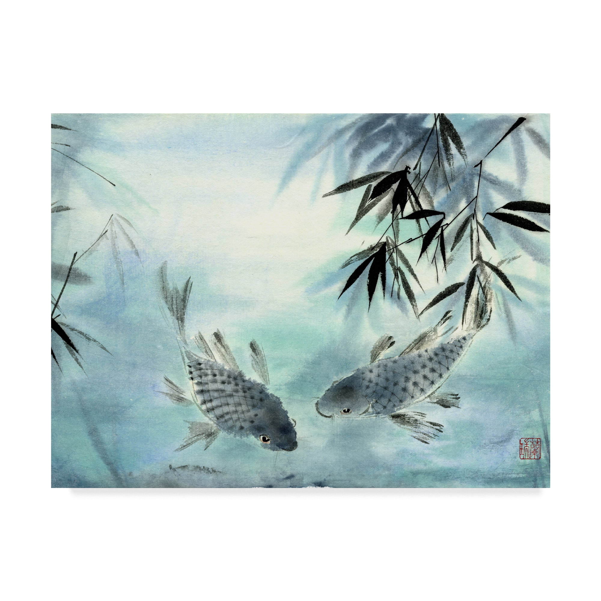 Turquoise and Gray Koi Fish Framed Canvas Art, 24" x 32"