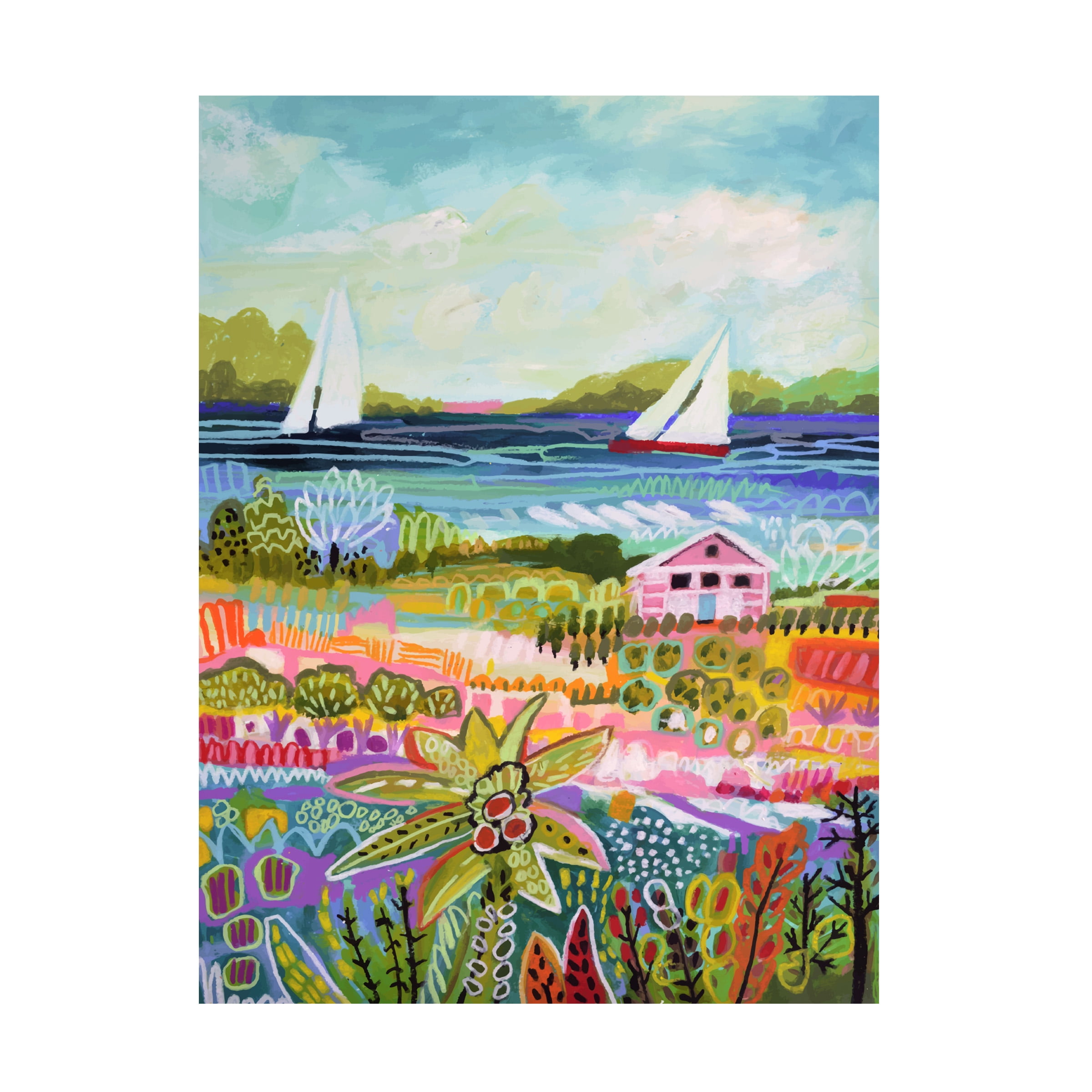 Trademark Fine Art Karen Fields Two Sailboats And Cottage I Canvas Wall Art - 35x47