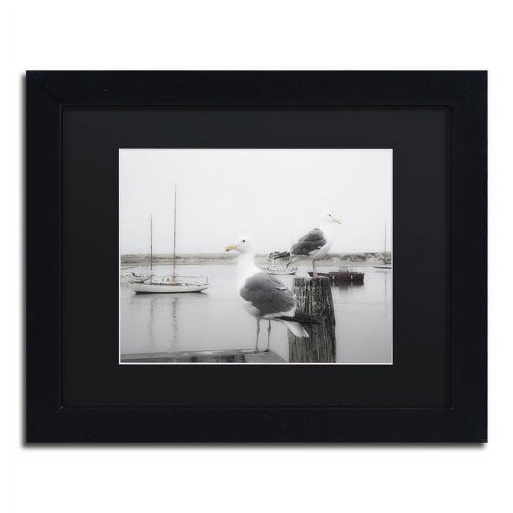 Trademark Fine Art "Two Seagulls and Boats" Canvas Art by Moises Levy Black Matte, Black Frame