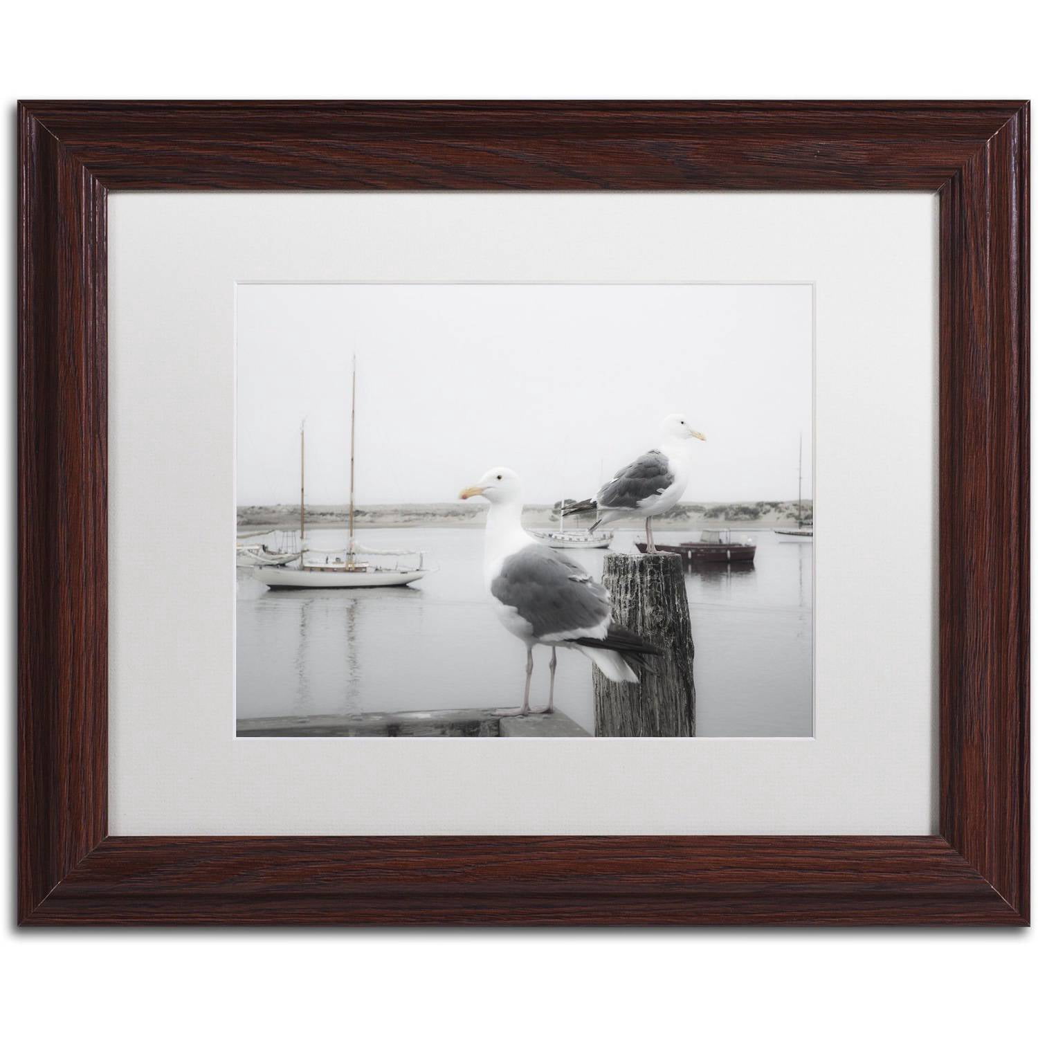 Trademark Fine Art "Two Seagulls and Boats" Canvas Art by Moises Levy White Matte, Wood Frame