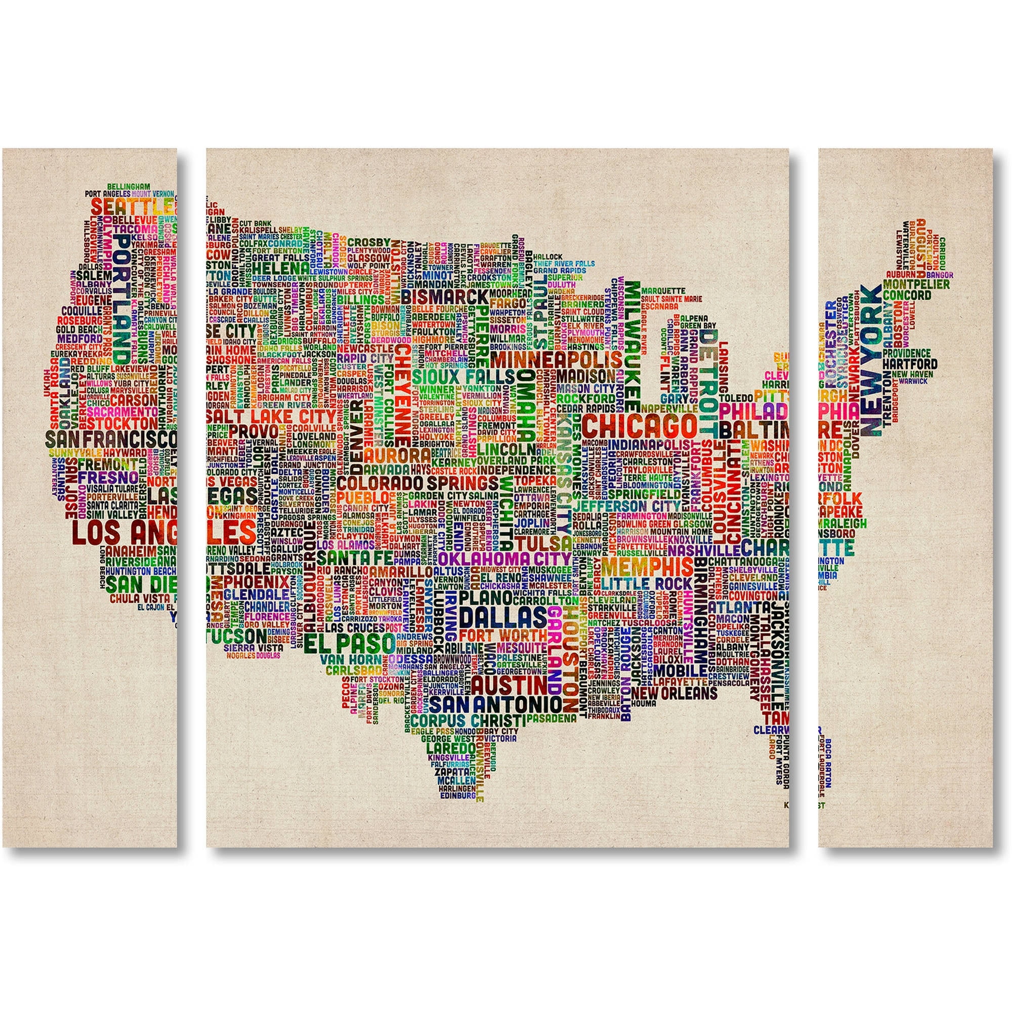 Trademark Fine Art "US Cities Text Map VI" Canvas Art by Michael Tompsett Three Panel Set