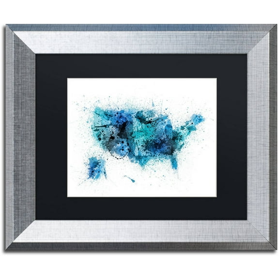 Trademark Fine Art "US Paint Splashes Map" Canvas Art by Michael Tompsett, Black Matte, Silver Frame