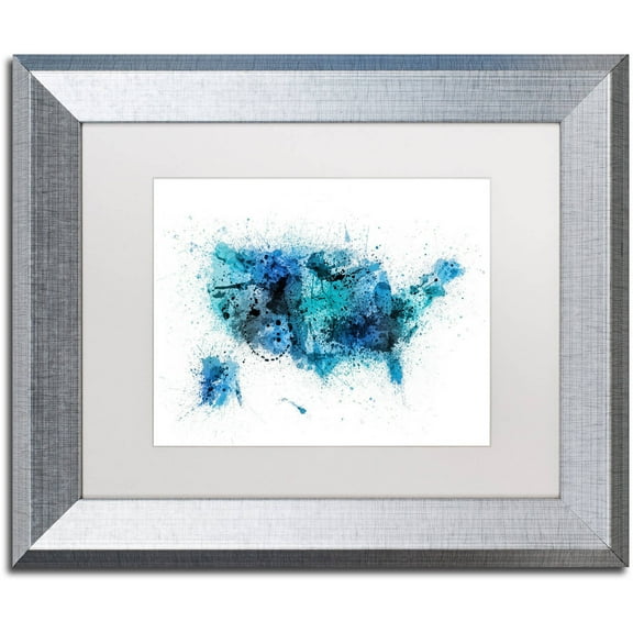 Trademark Fine Art "US Paint Splashes Map" Canvas Art by Michael Tompsett, White Matte, Silver Frame