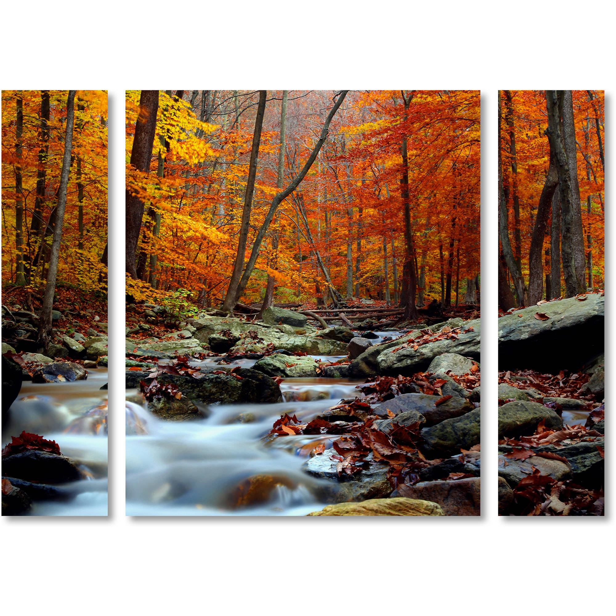 Autumn Stream Scenic Three Panel Framed Canvas Art