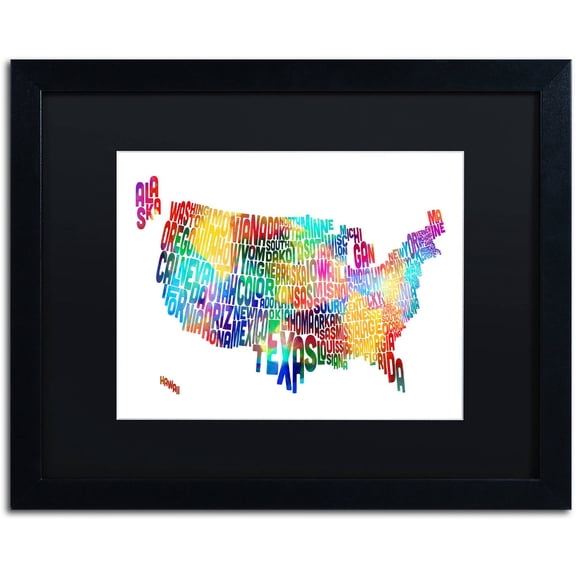 Trademark Fine Art 'United States Typography Map 2' Canvas Art by Michael Tompsett, Black Matte, Black Frame