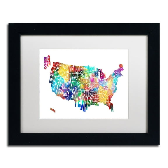 Trademark Fine Art 'United States Typography Map 2' Canvas Art by Michael Tompsett, White Matte, Black Frame